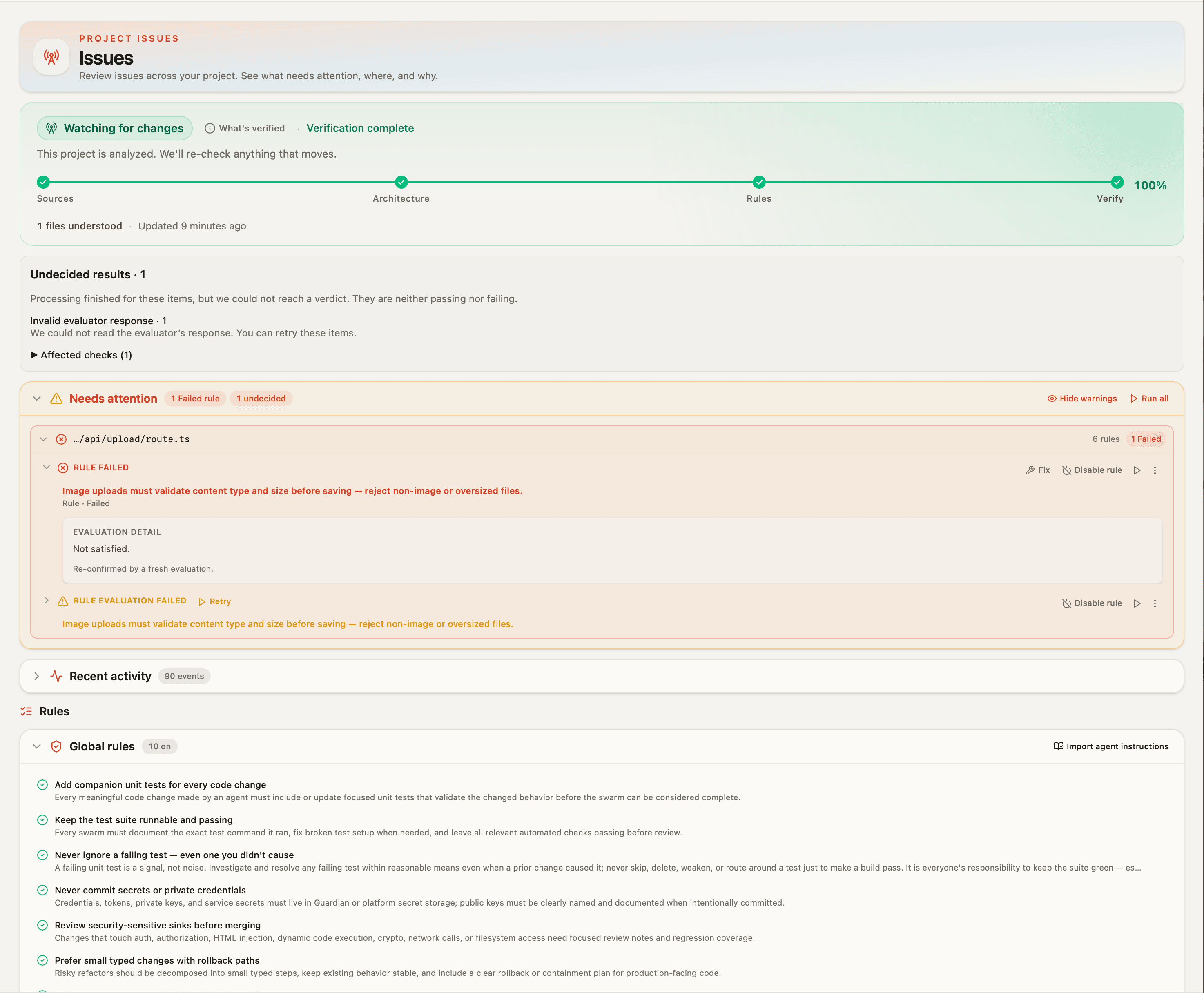 Panolayer verification results showing failed rules and evaluation details